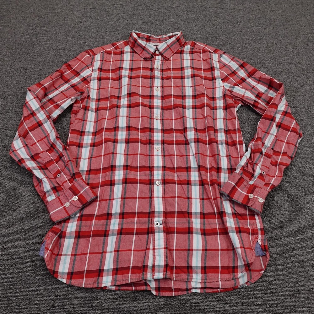 Tommy Hilfiger Shirt Mens XL Red Plaid Long Sleeve Button Up Slim Fit Cotton